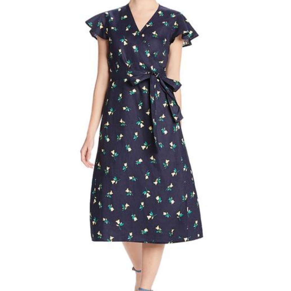 Draper James Navy Blue Dark Floral Linen Wrap Dress NWT 6 - Picture 3 of 11